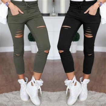 Women Legging Cropped Pants Drawstring Slim High Waist Stretch Elastic Hole Pencil Trouser Plus Size IK88