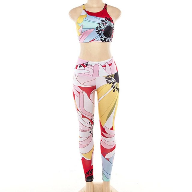 2 Pcs Printed Backless Wear Set Sports Bra Pants Set Halter Bras and Leggings Pants IK88