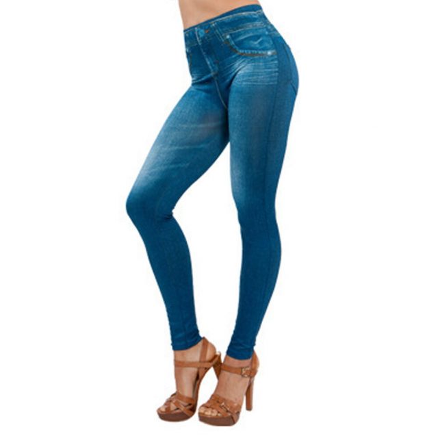 Women Legs Shaping Leggings Fake Jeans Pants Pull-on Skinny Elastic Trousers IK88