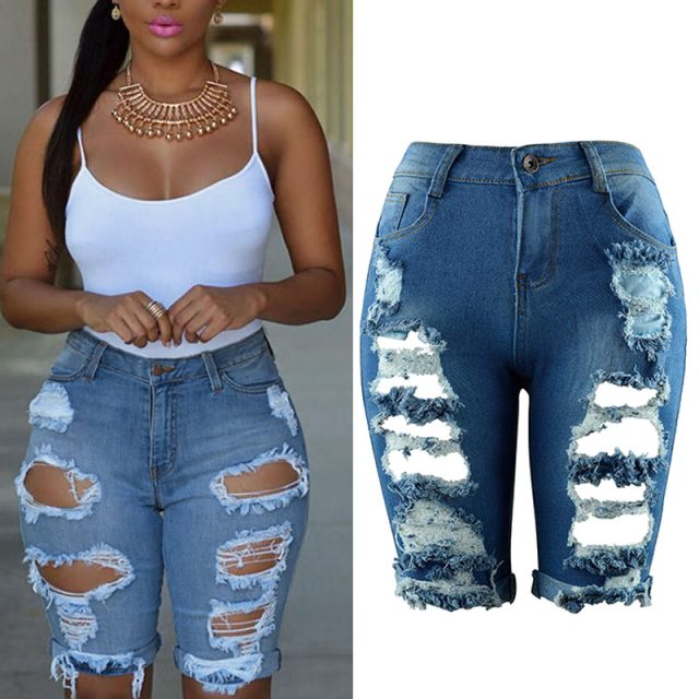 Womens Elastic Destroyed Hole Leggings Short Pants Denim Shorts Ripped Jeans IK88