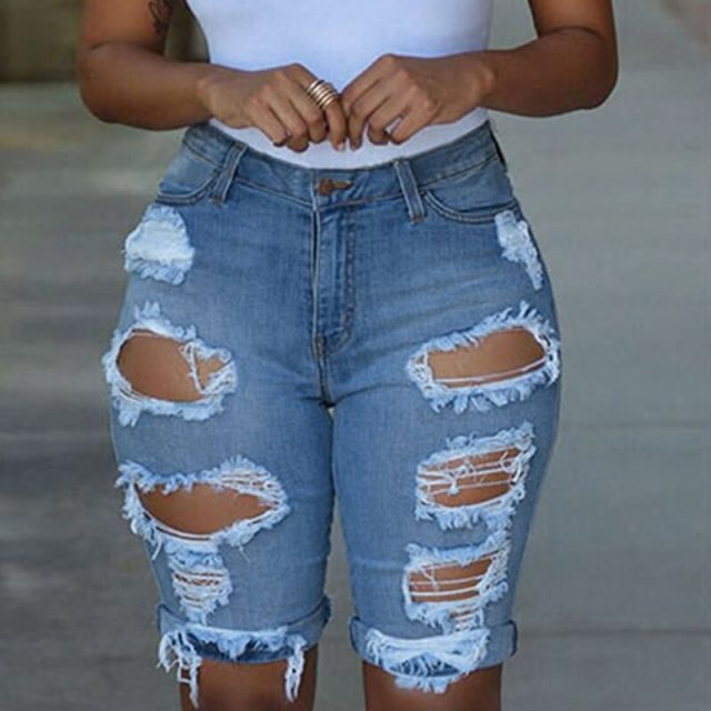 Womens Elastic Destroyed Hole Leggings Short Pants Denim Shorts Ripped Jeans IK88