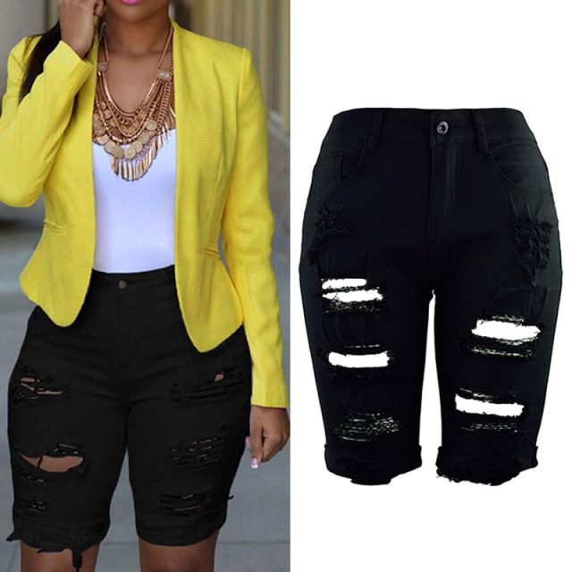 Womens Elastic Destroyed Hole Leggings Short Pants Denim Shorts Ripped Jeans IK88