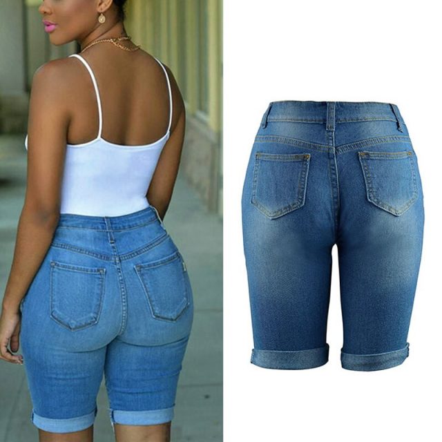 Womens Elastic Destroyed Hole Leggings Short Pants Denim Shorts Ripped Jeans IK88