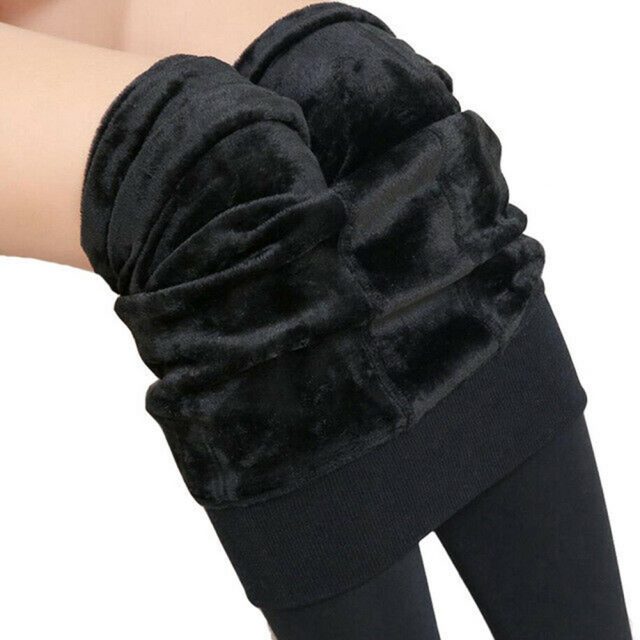 Women Fleece Lining Leggings Solid Color Full Length High Waist Tummy Control Pants for Winter IK88