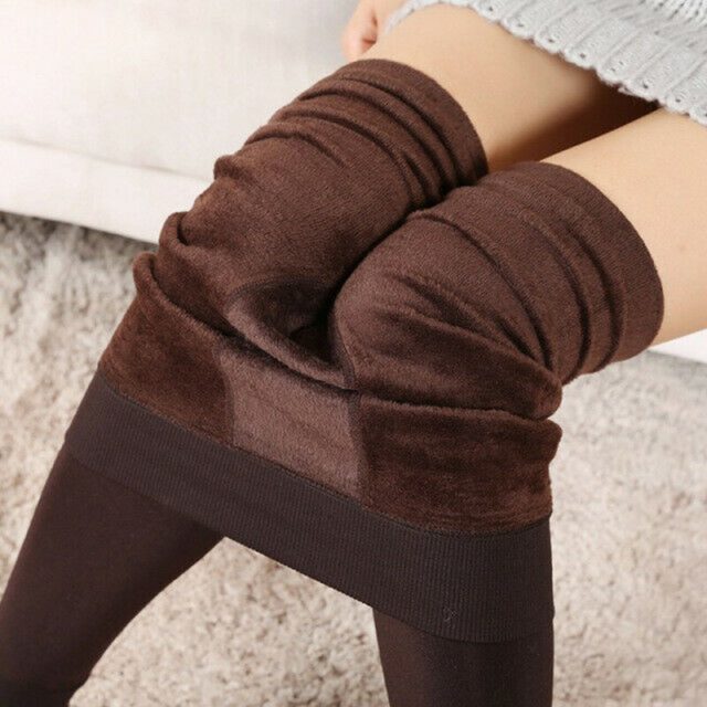 Women Fleece Lining Leggings Solid Color Full Length High Waist Tummy Control Pants for Winter IK88