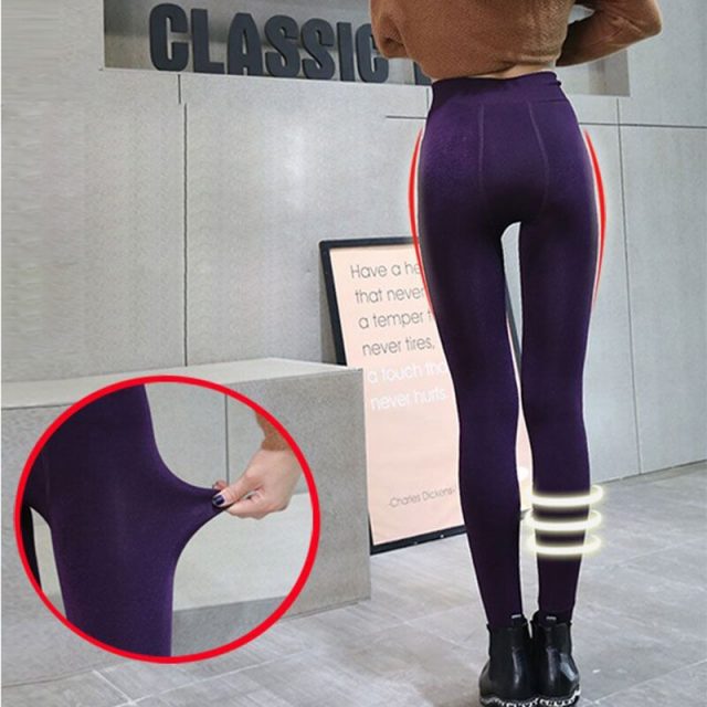 Women Fleece Lining Leggings Solid Color Full Length High Waist Tummy Control Pants for Winter IK88