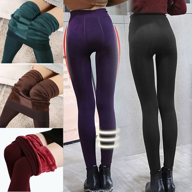 Women Fleece Lining Leggings Solid Color Full Length High Waist Tummy Control Pants for Winter IK88