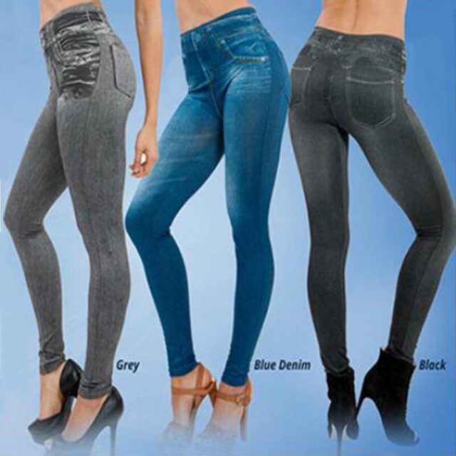 Women Fake Denim Jeans Leggings Push Up High Waist Slim Stretch Pencil Pants IK88