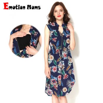 Emotion Moms Summer Style Sleeveless Feather Pattern Maternity Nursing Clothes Women Breastfeeding Dress