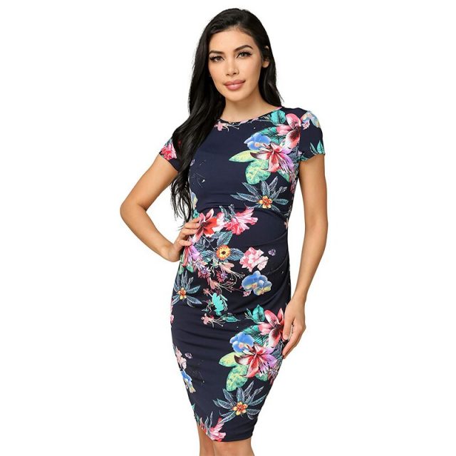 Wholesale Maternity Dresses Pregnancy Clothes Floral Style Ruching Abdominal Scoop Neck Pregnant Women Clothing