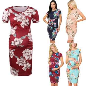 Wholesale Maternity Dresses Pregnancy Clothes Floral Style Ruching Abdominal Scoop Neck Pregnant Women Clothing