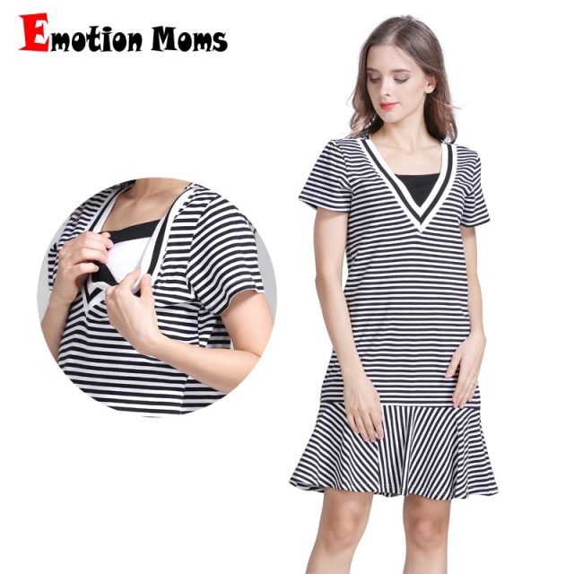 Emotion Moms Strecth Cotton Striped Maternity clothes pregnancy dresses Nursing Breastfeeding Dress Maternidad Wear