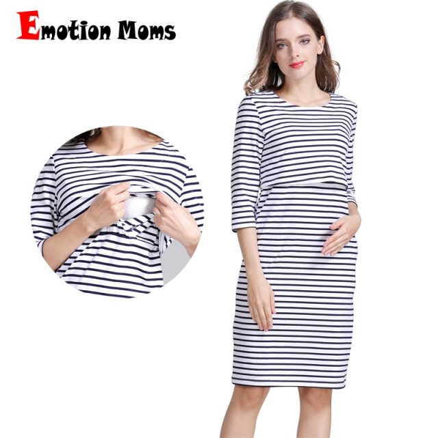 Emotion Moms Cotton Striped Pregnancy Nursing Dress for pregnant Woman Maternity Dress Breastfeeding Dress Summer Spring Skirt