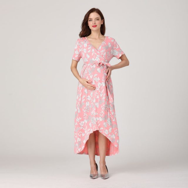 Emotion Moms Women High-Low Surplice Wrap with Waist Belt Maternity Dress Adjustable V Neck Nursing Dress Breastfeeding Clothes