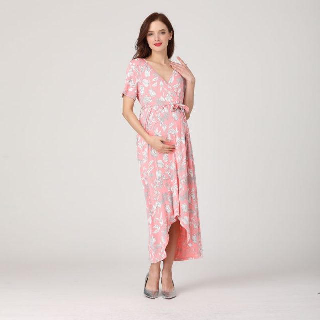 Emotion Moms Women High-Low Surplice Wrap with Waist Belt Maternity Dress Adjustable V Neck Nursing Dress Breastfeeding Clothes