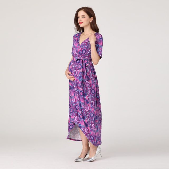 Emotion Moms Women High-Low Surplice Wrap with Waist Belt Maternity Dress Adjustable V Neck Nursing Dress Breastfeeding Clothes