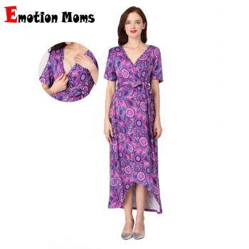 Emotion Moms Women High-Low Surplice Wrap with Waist Belt Maternity Dress Adjustable V Neck Nursing Dress Breastfeeding Clothes