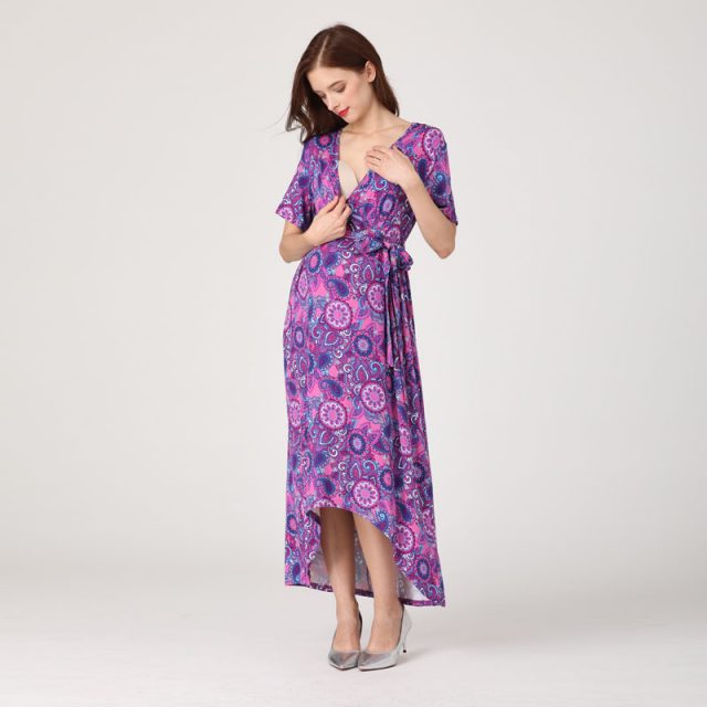 Emotion Moms Women High-Low Surplice Wrap with Waist Belt Maternity Dress Adjustable V Neck Nursing Dress Breastfeeding Clothes