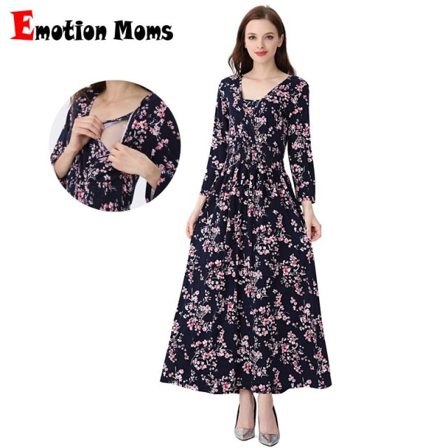 Emotion Moms NEW Floral Cotton Blend Maternity Clothes Lactation Dress Long Breastfeeding Dresses For Pregnant Women