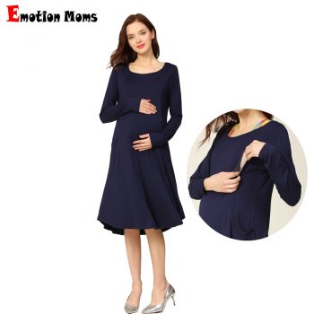 New Spring Long Sleeve Maternidad Lactancia Clothing Stretch Pregnant Dress Pocket Loose Maternity Breastfeeding Nursing Dress