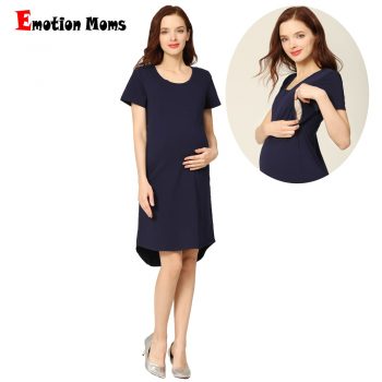 Emotion Moms Women Summer Pregnant Dress Maternel Wear Nursing Clothes Solid Navy Zipper Breastfeeding Dress Big Size Maternity