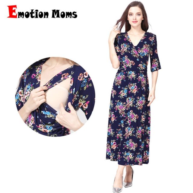 Emotion Moms V-Neck Floral Long Maternity Clothes Nursing Breastfeeding Dresses For Pregnant Women Party Maternity Dress