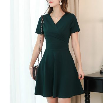 New Sexy V Neck Short Sleeve A Line Dress Women Fashion Green Black Slim Summer Dress Female Office Ladies Work Dresses Vestidos