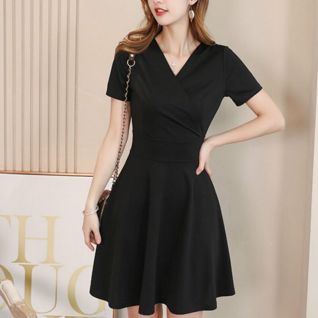 New Sexy V Neck Short Sleeve A Line Dress Women Fashion Green Black Slim Summer Dress Female Office Ladies Work Dresses Vestidos