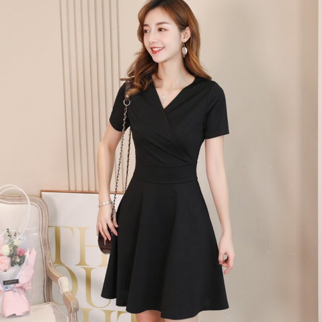 New Sexy V Neck Short Sleeve A Line Dress Women Fashion Green Black Slim Summer Dress Female Office Ladies Work Dresses Vestidos