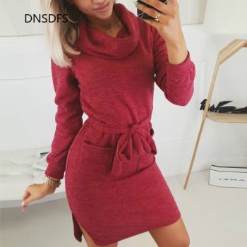 2020 New Ladies Spring Winter Dress Casual Long Sleeve Loose Turtleneck Lace Up Dress Women Slit Tunic Red Black Grey Vestidos