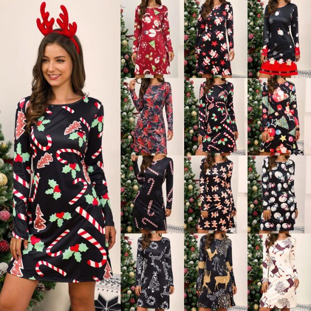 Stretch Fabric Long Seeve Christmas Dress Women Autumn Winter Vintage Dress Party Vestidos New Retro Cartoon Print Dress Female