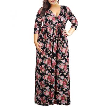 Women Summer Floral Print Dress Casual Vintage Dress Elegant Sexy Pocket Party V Neck Long Floor Length Dress Plus Size 3XL-9XL