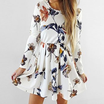 2019 Spring Autumn Dress Women Casual O Neck Elastic Waist Slim Flower Printed Dress Beoho Beach Fashion Chiffon Dresses White