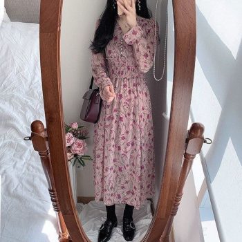 New Party Women Sweet Chiffon Dress Button V Neck Long Sleeve A Line Mid-Calf Slim Dresses Pink Flower Retro Print Dress Vestido