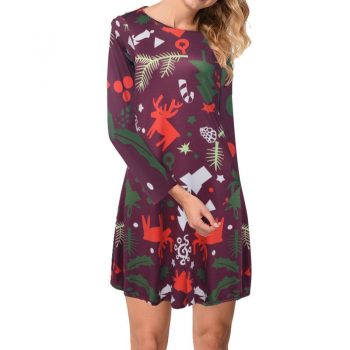 New Santa Claus Print A-line Dress Vintage Floral Long Sleeve Christmas Dress Women's Autumn Winter Slim Pullover Dresses Party