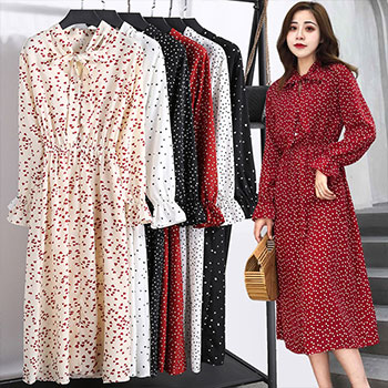 Elegant Women Office Plaid Polka Dot Vintage Dress Autumn Chiffon Shirt Dresses Spring Casual Red Midi Floral Dress Female Tunic