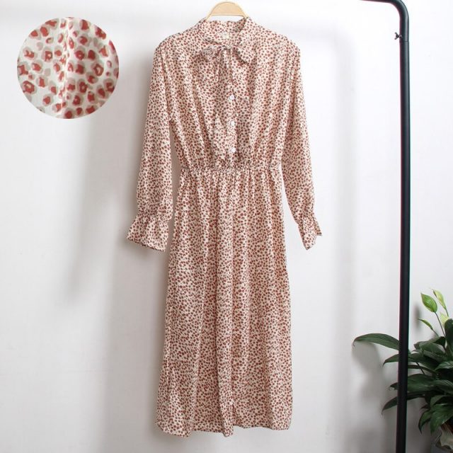Elegant Women Office Plaid Polka Dot Vintage Dress Autumn Chiffon Shirt Dresses Spring Casual Red Midi Floral Dress Female Tunic