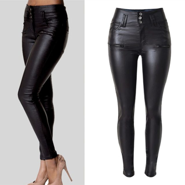 LOGAMI Women Pu Leather Pants Black Sexy Stretch Bodycon Trousers Women High Waist Long Pants