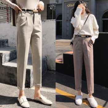 Woolen Harem Pants Women 2019 Autumn Winter High Waist Formal OL Female Trousers Ankle-length Casual Woman Warm Pencil Pants