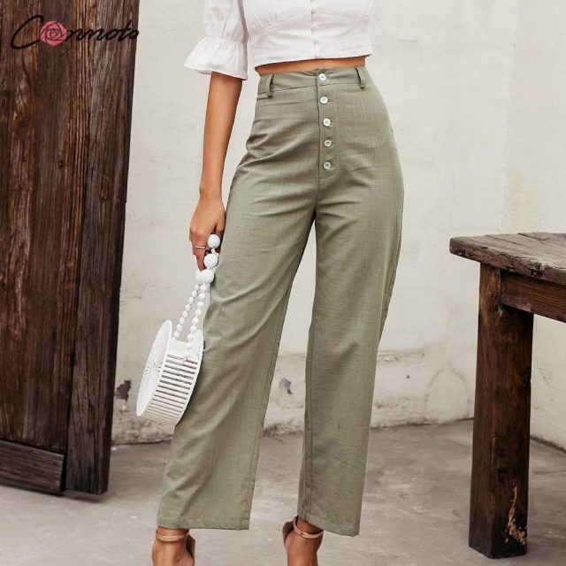 Conmoto high waist casual pants women 2020 summer spring solid green trousers high waist green ruffles vintage pants