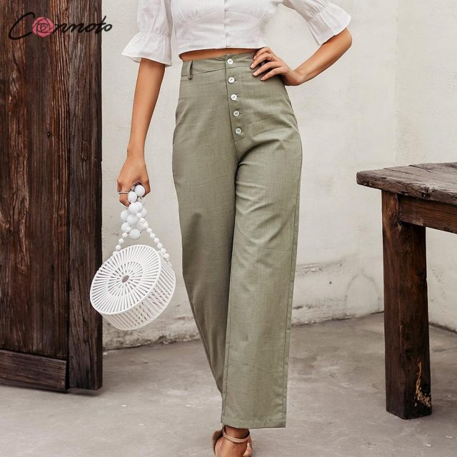 Conmoto high waist casual pants women 2020 summer spring solid green trousers high waist green ruffles vintage pants