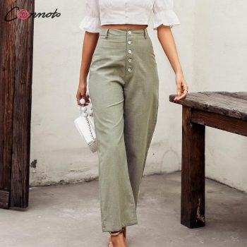 Conmoto high waist casual pants women 2020 summer spring solid green trousers high waist green ruffles vintage pants