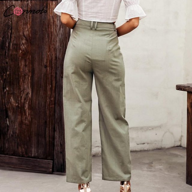 Conmoto high waist casual pants women 2020 summer spring solid green trousers high waist green ruffles vintage pants