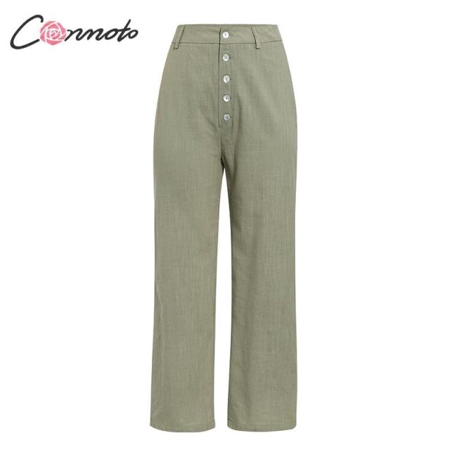 Conmoto high waist casual pants women 2020 summer spring solid green trousers high waist green ruffles vintage pants