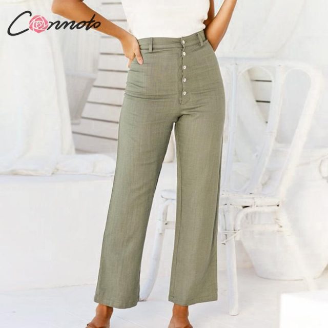 Conmoto high waist casual pants women 2020 summer spring solid green trousers high waist green ruffles vintage pants