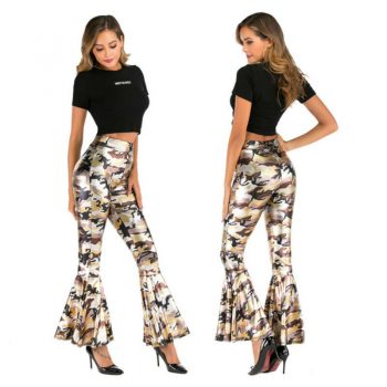 Women England Style Pants Full Length Ruffles Decoration Skinny Fit Type Paisley Pattern Flat Front Style Disco Pants