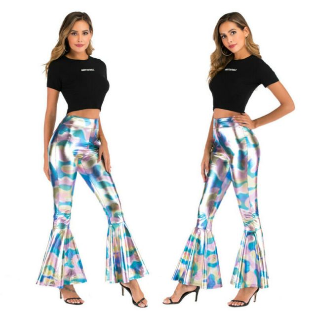 Women England Style Pants Full Length Ruffles Decoration Skinny Fit Type Paisley Pattern Flat Front Style Disco Pants