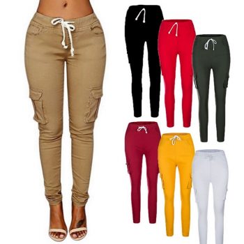 NIBESSER Spring Women Pencil Pant Lace Up Waist Casual Women Pants Solid Multi-Pockets Plus Size Cargo Pants Slim Fit Trousers