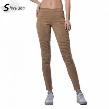 Sitruuna 2019 Spring winter faux suede leggings fold high waist retro elastic stretchy slim women pencil pants plus size