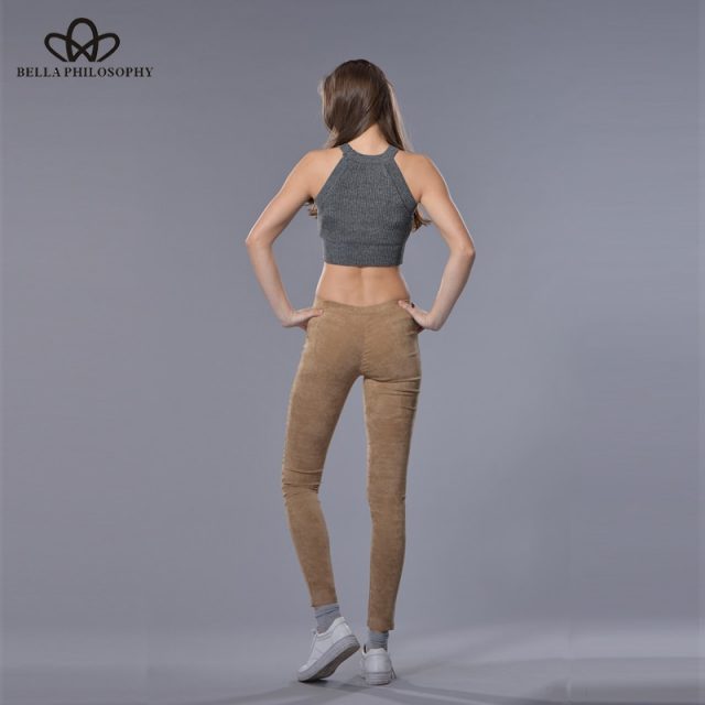 Sitruuna 2019 Spring winter faux suede leggings fold high waist retro elastic stretchy slim women pencil pants plus size